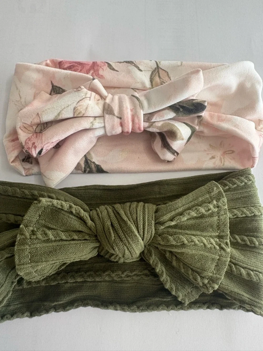 Set of Four Infant Knit Bow Headbands - Pink, Olive & Floral